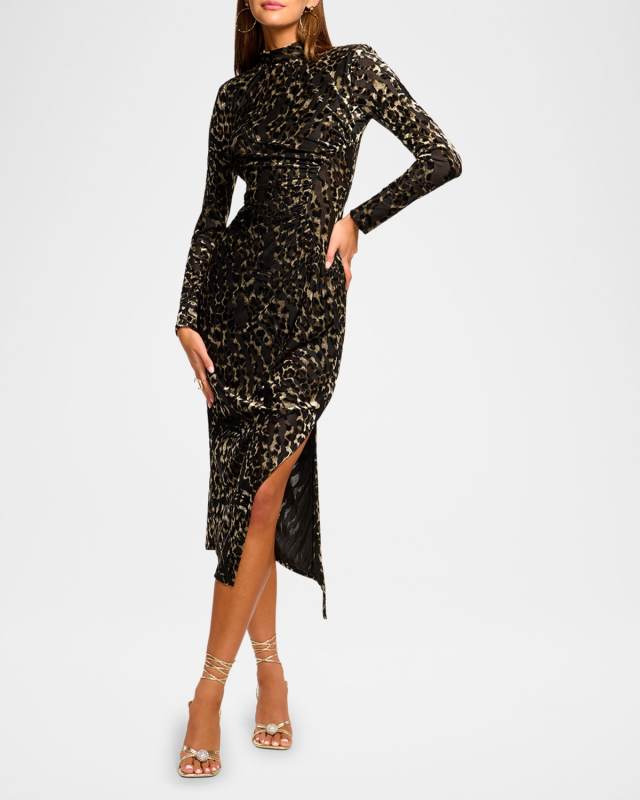 Eveline Leopard Mock-Neck Midi Dress